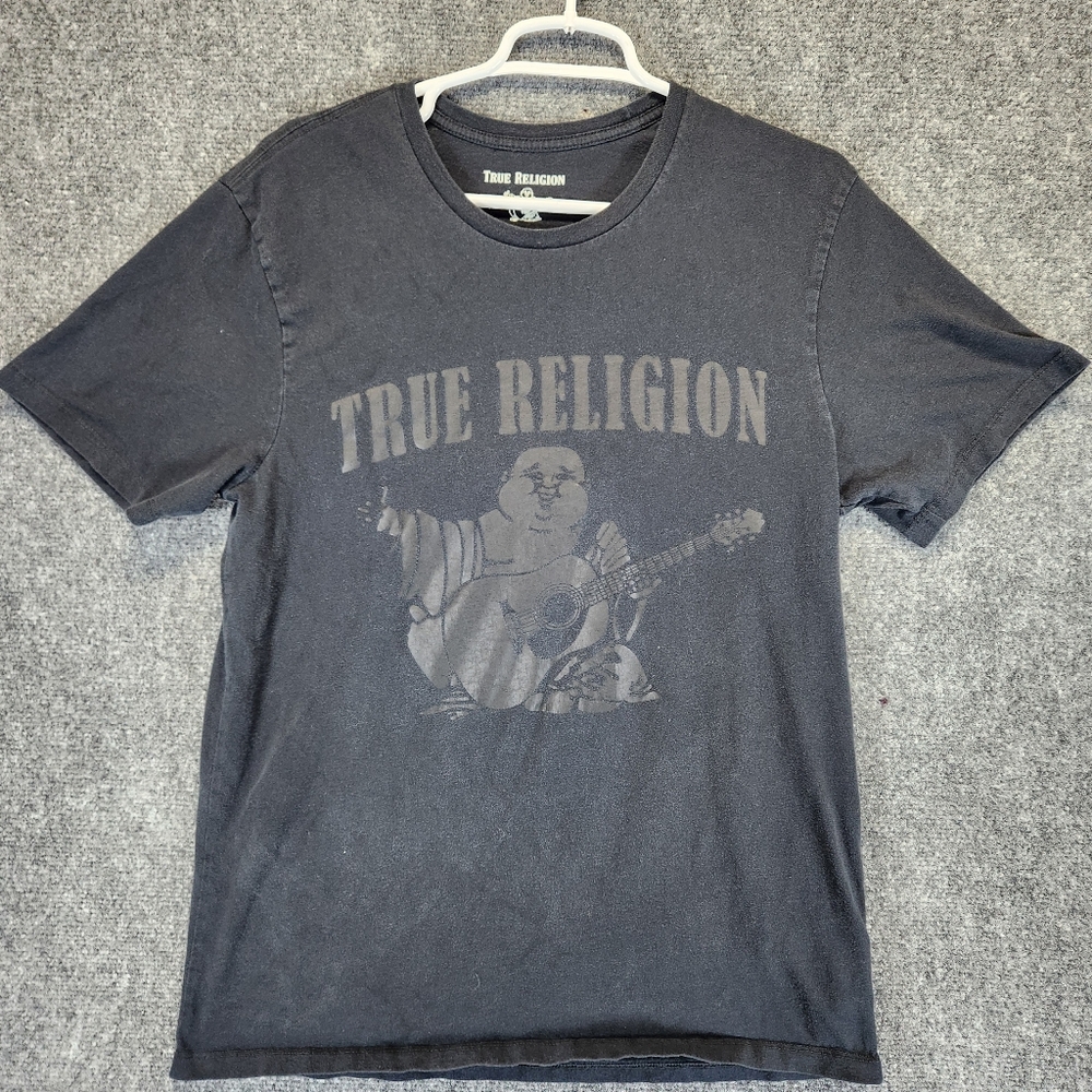 True Religion Shirt Mens Medium Black Buddha Guitar World Tour Short Sleeve